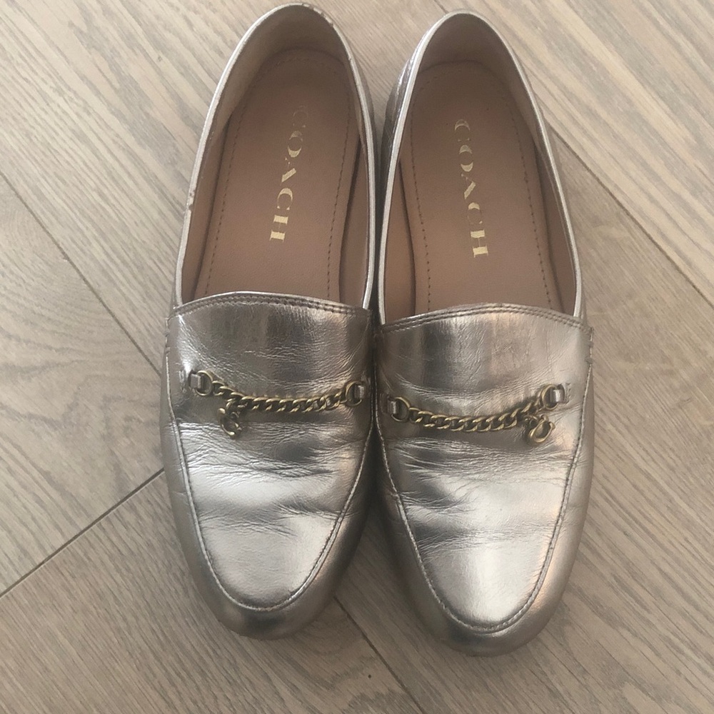 Coach Metallic Gold Chain Detail Leather Loafers